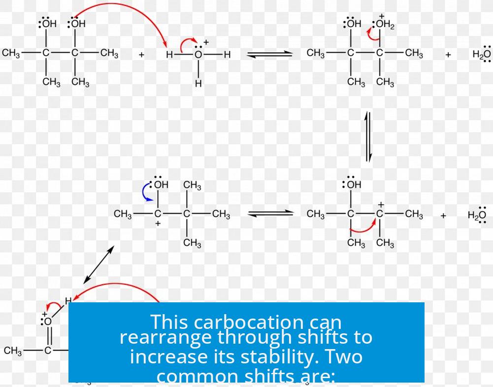 This carbocation can rearrange through shifts to increase its stability. Two common shifts are: