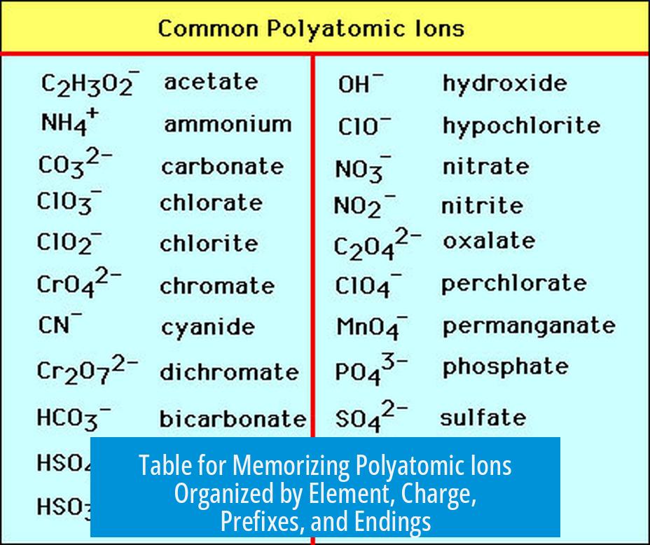 Table for Memorizing Polyatomic Ions Organized by Element, Charge, Prefixes, and Endings