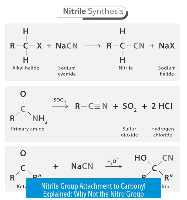 Nitrile Group Attachment to Carbonyl Explained: Why Not the Nitro Group