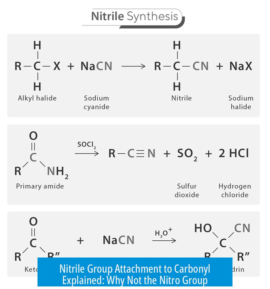 Nitrile Group Attachment to Carbonyl Explained: Why Not the Nitro Group